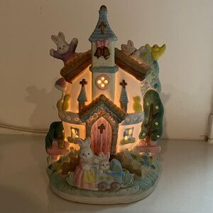 Whimsical bunny Pastel Ceramic Easter Church scene decorative lamp light